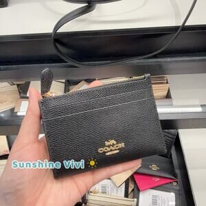 NWT Coach Mini Skinny ID Key Ring Leather Card Case Black 88250